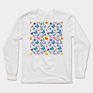 Butterflies hummingbirds and blooming flowers pattern Long Sleeve T-Shirt